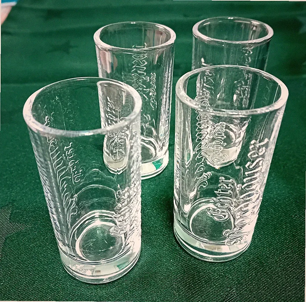 4 Schnapsgläser, Echter Nordhäuser, als Feier-Erinnerungsglas, mit Firmenname