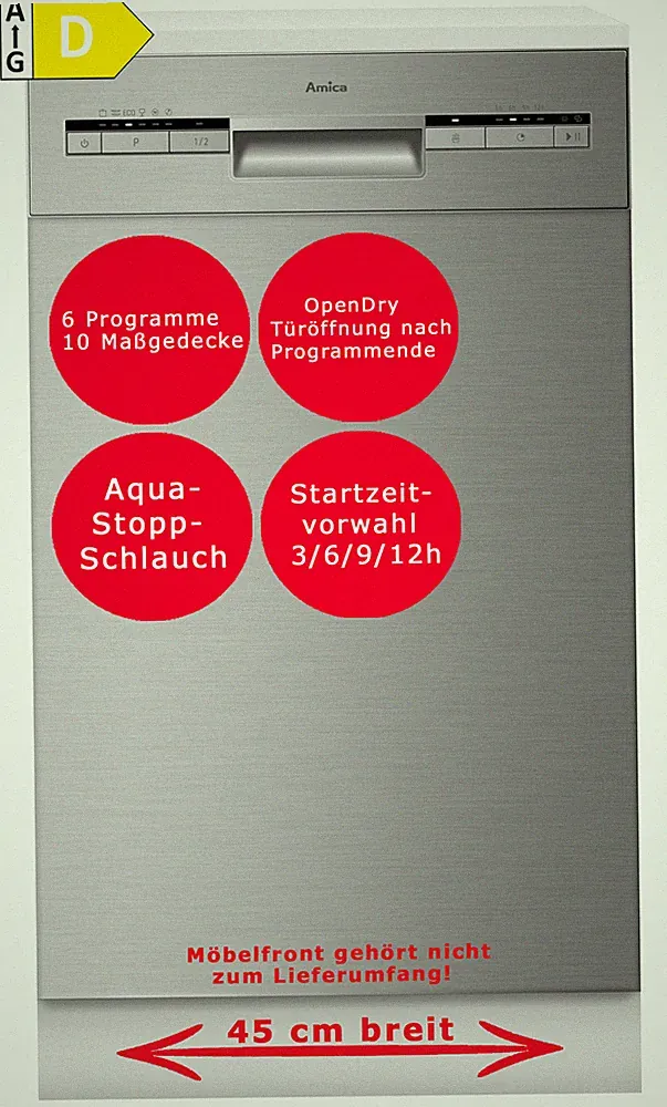 Amica Einbau Geschirrspüler 45cm silber Aqua Stopp OpenDry Türöffnung