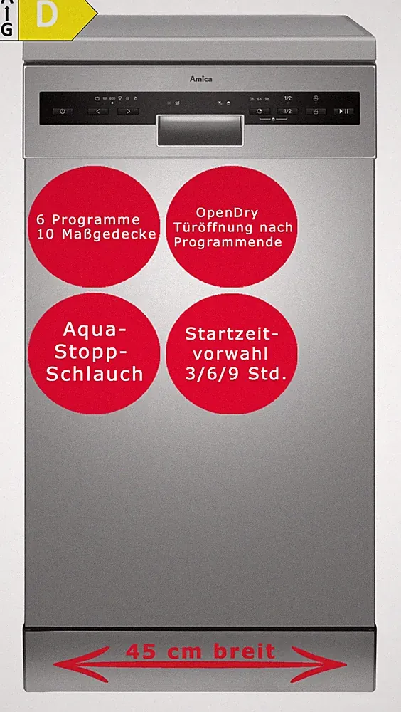 Amica Geschirrspüler unterbaufähig 45cm Silber Aqua Stopp OpenDry Türöffnung