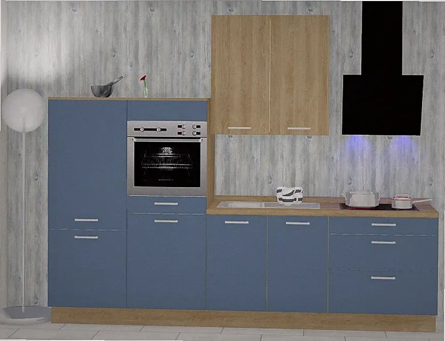 Einbauküche MANKATREND 66 Blau/Eiche Küchenzeile 340cm/>Schränke fertig montiert