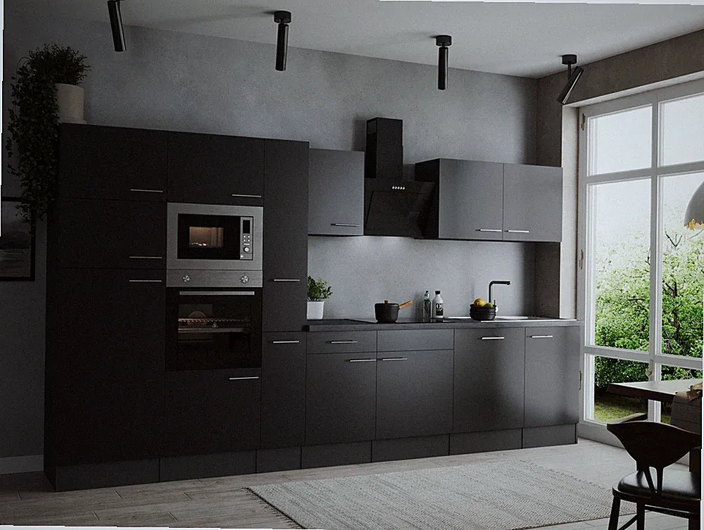 Küche Küchenzeile Küchenblock Grau Matt Schwarz Oliver 370 cm Respekta
