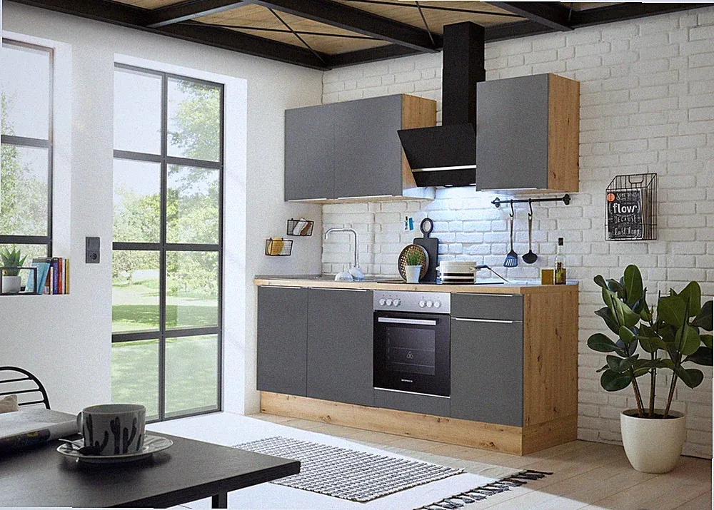 Küche Küchenzeile Küchenblock Marleen Premium 220 cm Grau Artisan Eiche Respekta