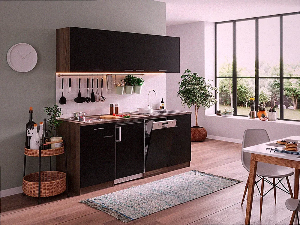 Küche Küchenzeile Singleküche Eiche York Schwarz Oliver 195 cm Respekta