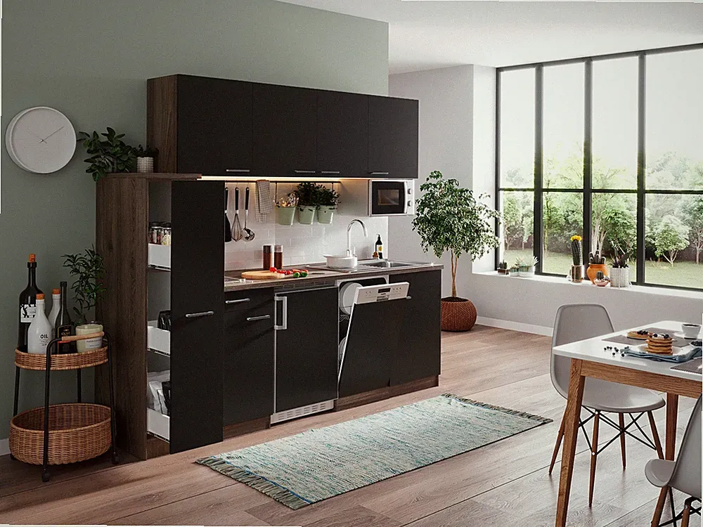 Küche Küchenzeile Singleküche Eiche York Schwarz Oliver 225 cm Respekta