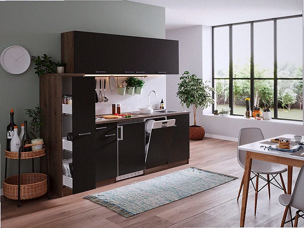 Küche Küchenzeile Singleküche Eiche York Schwarz Oliver 225 cm Respekta