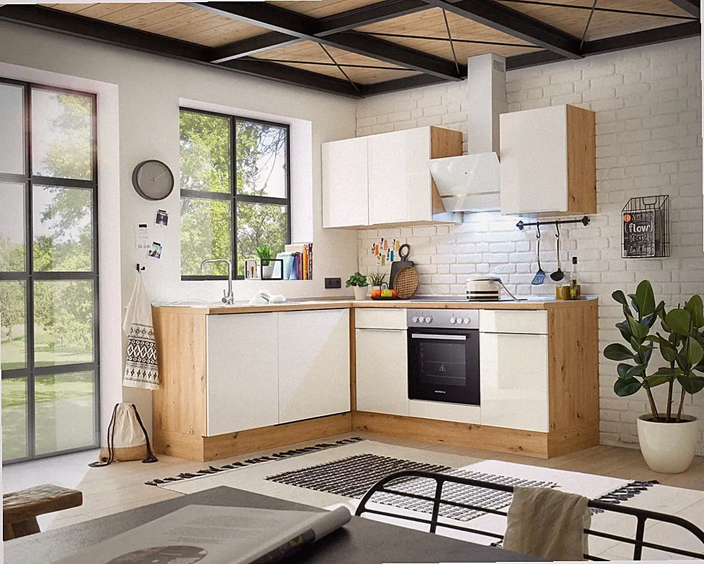 Küche Küchenzeile Winkelküche Marleen Premium 220 cm Weiß Artisan Eiche Respekta