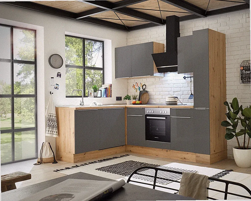Küche Küchenzeile Winkelküche Marleen Premium 250 cm Grau Artisan Eiche Respekta