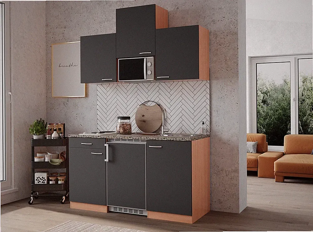 Küche Miniküche Singleküche Küchenzeile Einbau Buche Grau Gerda 150 cm Respekta