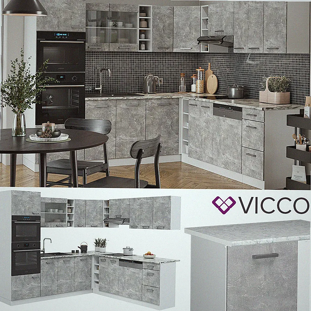 Küchenzeile Eckküche Einbauküche R-Line Ecke Weiß Beton Küchenblock Küche Vicco