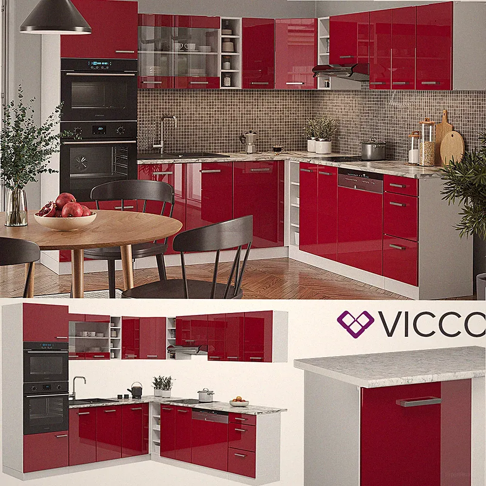 Küchenzeile Eckküche Einbauküche R-Line Ecke Weiß Bordeaux Hochglanz Küche Vicco