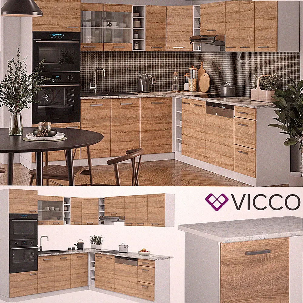 Küchenzeile Eckküche Einbauküche R-Line Ecke Weiß Sonoma Küchenblock Vicco