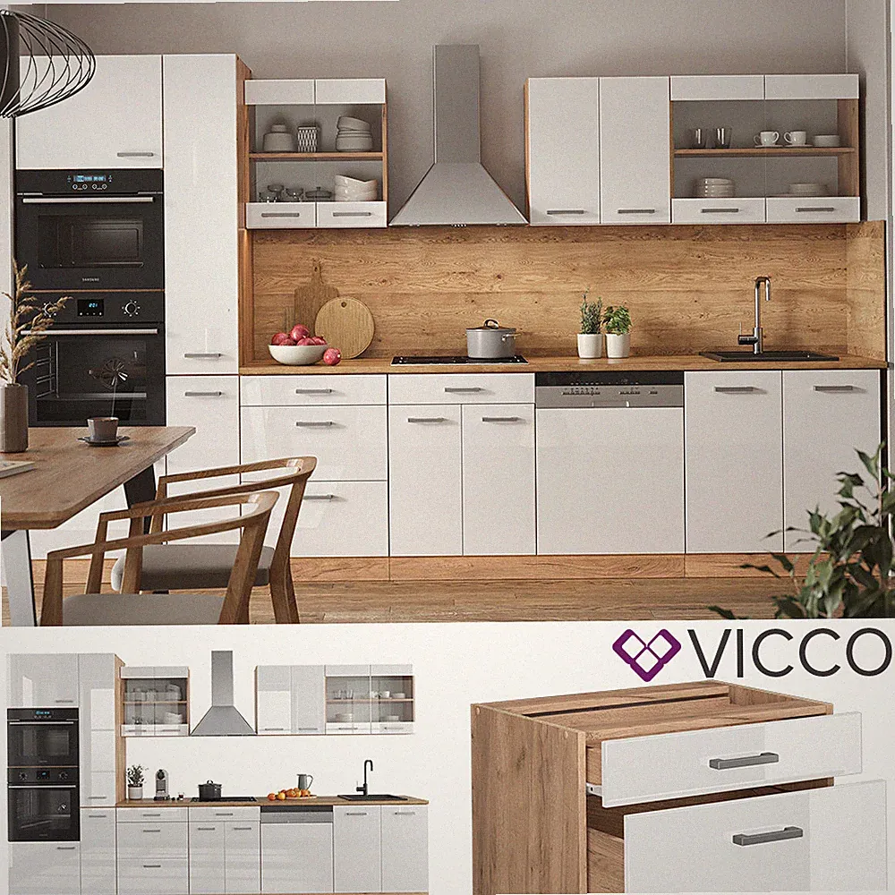 Küchenzeile Küchenblock Einbau R-Line 350 cm Eiche Weiß Hochglanz Küche Vicco