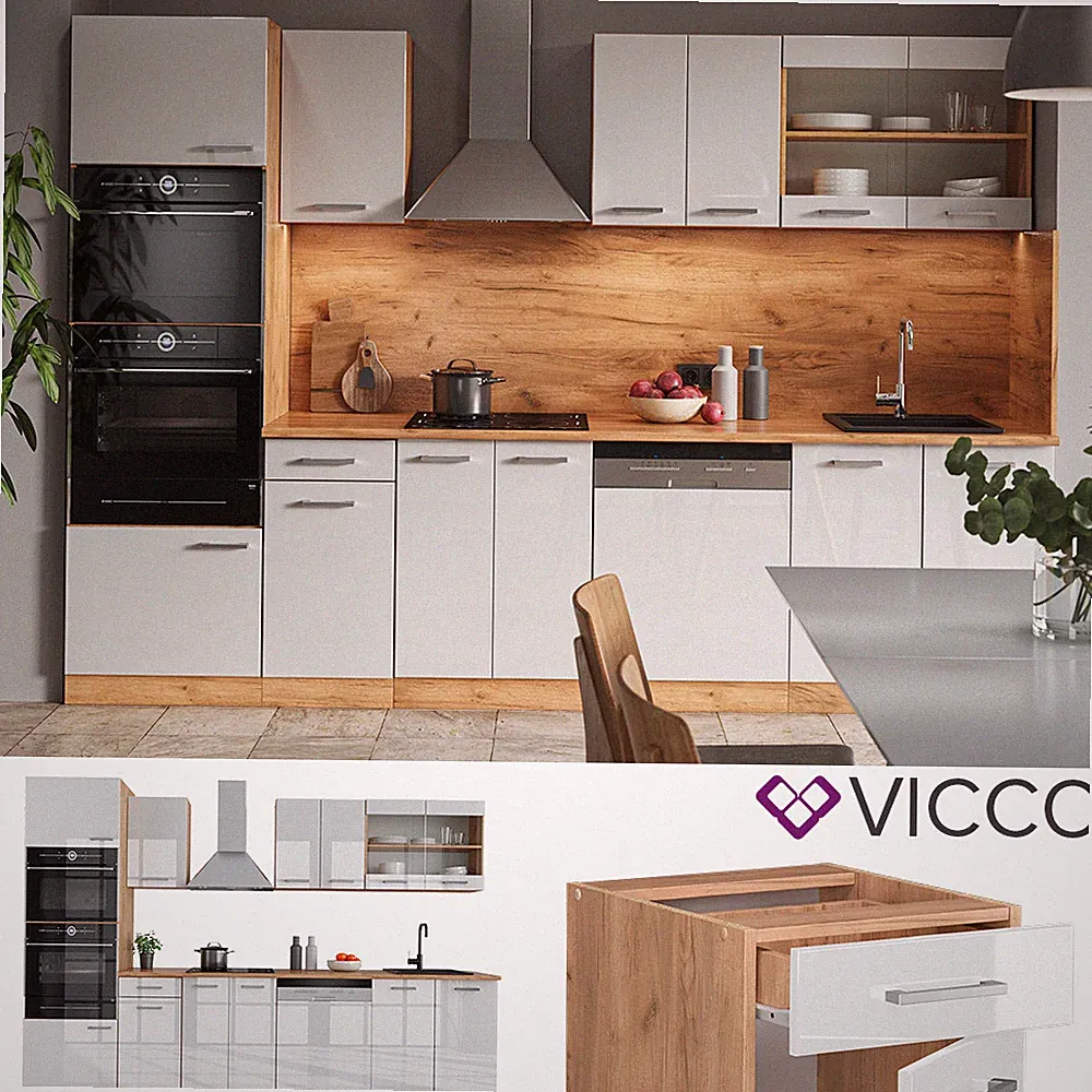 Küchenzeile Küchenblock Einbauküche R-Line 300cm Mikrowellenumbauschrank Vicco