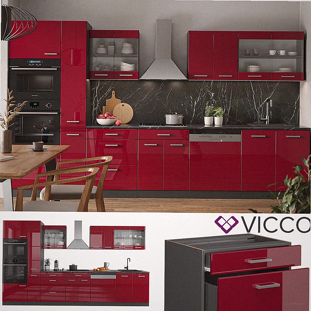 Küchenzeile Küchenblock Einbauküche R-Line 350 cm Anthrazit Bordeaux Vicco