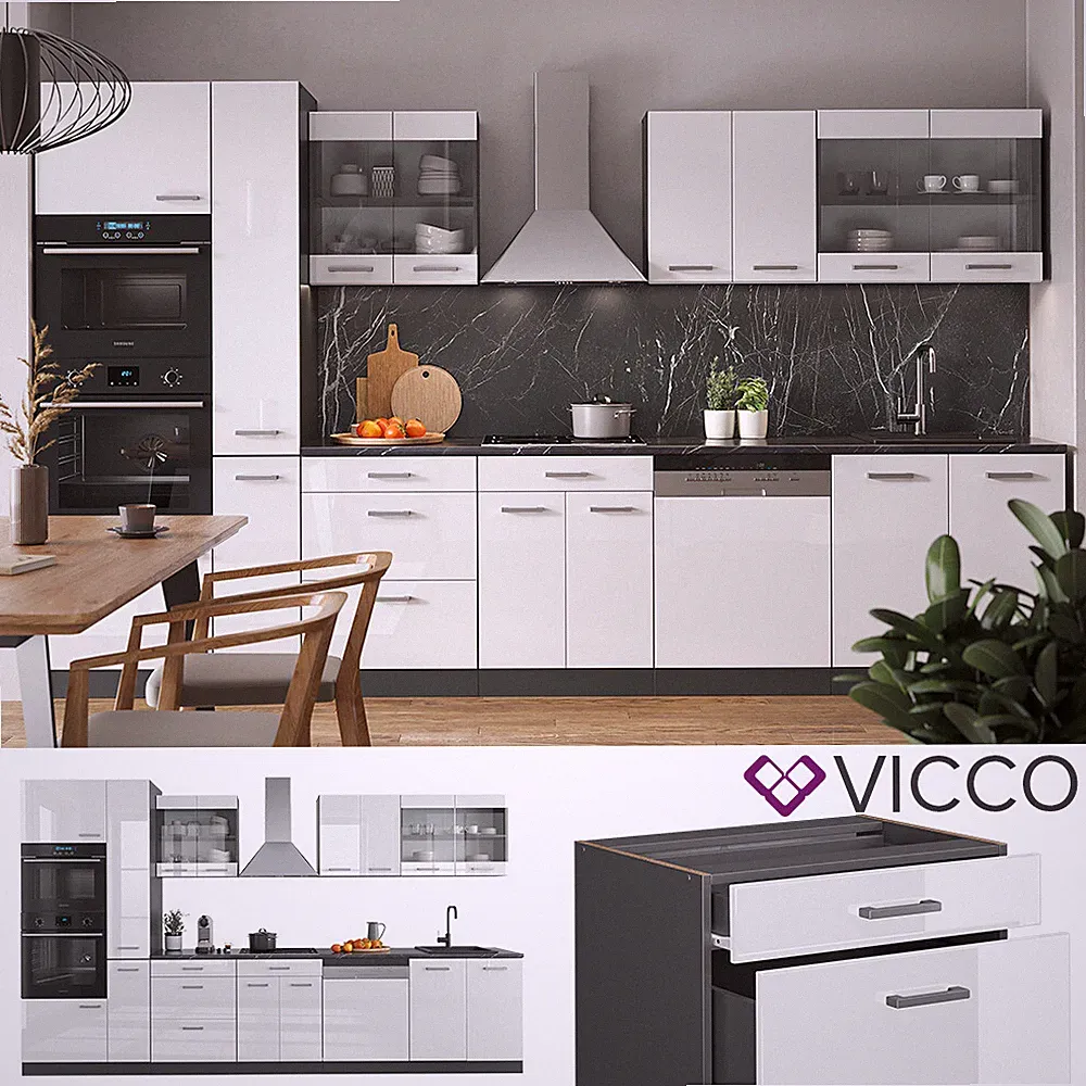 Küchenzeile Küchenblock Einbauküche R-Line 350 cm Anthrazit Weiß Hochglanz Vicco