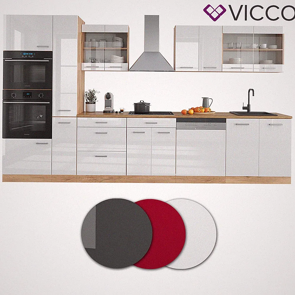 Küchenzeile Küchenblock Einbauküche R-Line 350 cm Eiche Hochglanz Küche Vicco