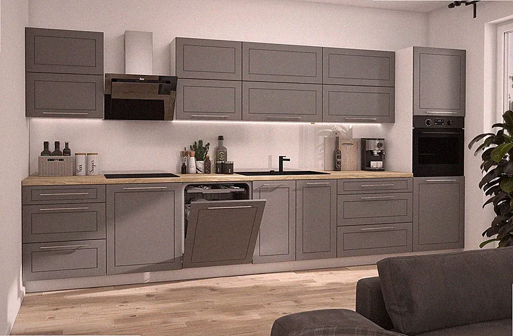 Küchenzeile KVANTUM Arbeitsplatte 400cm Hochfaltklappe weiß MDF dust grey matt T