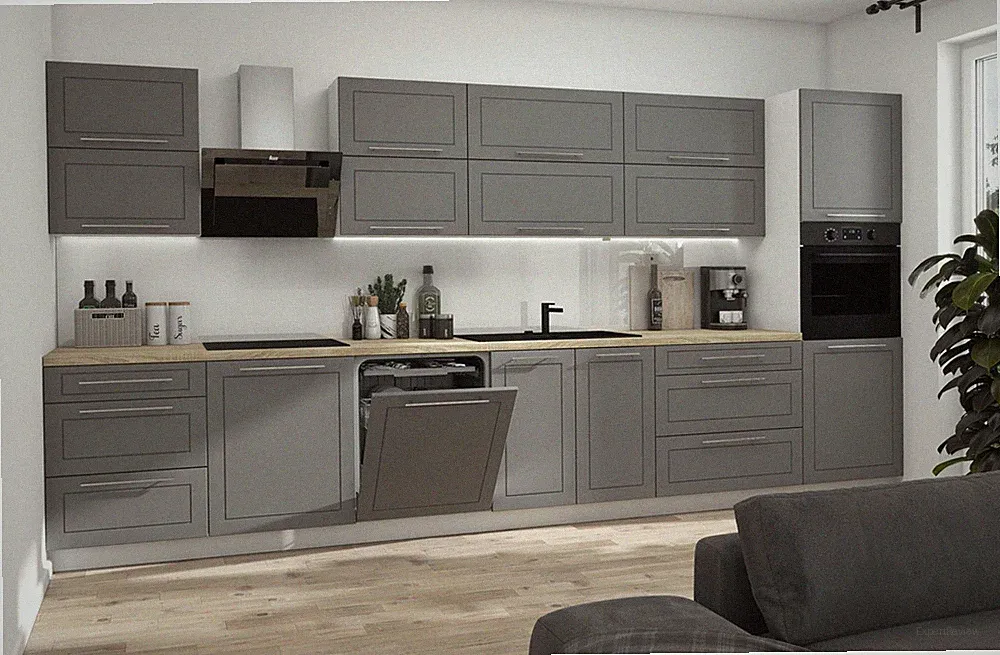 Küchenzeile KVANTUM mit Arbeitsplatte 400cm weiß Fronten MDF dust grey matt Teil