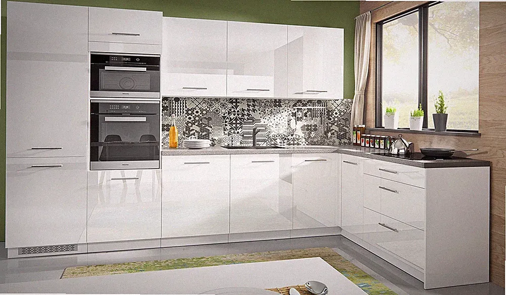 L-Form Küchenzeile Essen Trend Einbauküche 345x188cm perlweiß Front weiß Acryl H