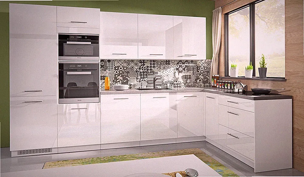 L-Form Küchenzeile Essen Trend mit Arbeitsplatte 345x190cm perlweiß Front weiß A