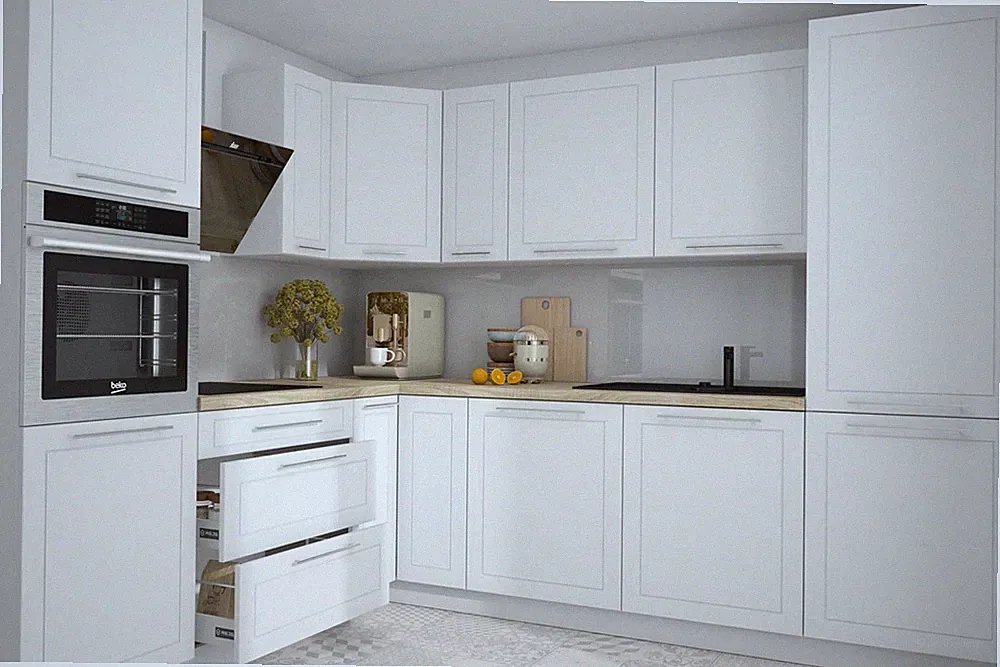 L-Form Küchenzeile KVANTUM 230x270cm Fronten MDF weiß matt Teilauszug