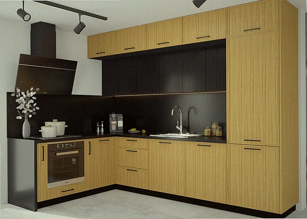 L-Form Küchenzeile NARVIK Küche 306x195cm schwarz Naturholz Ausführung wählbar