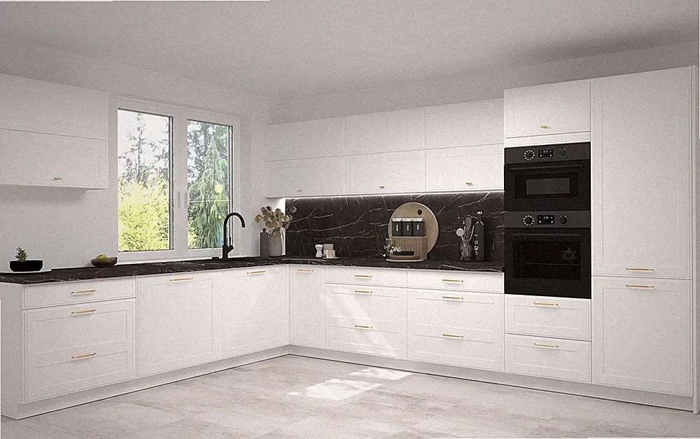 L-Form Küchenzeile SALO Einbauküche 268x387cm HETTICH Vollauszug weiß Front matt