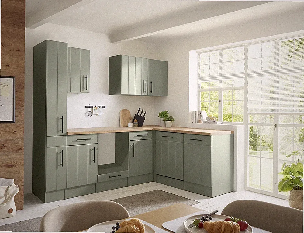 L Küche Einbauküche Winkelküche Landhaus Leerblock Grün Anton 250 cm Respekta