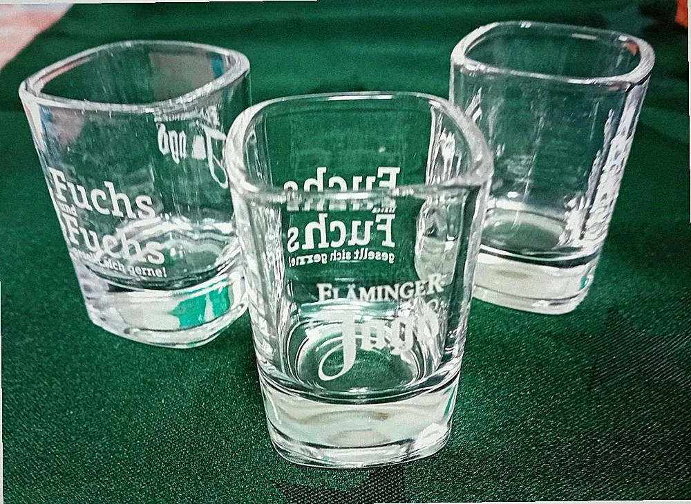 Rarität, 3 Schnapsgläser, Fläminger-Jagd, Feier-Erinnerungsglas, Fuchs u. Fuchs