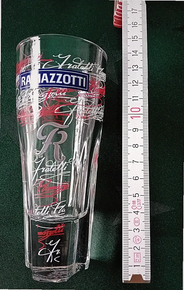 SELTEN! RAMAZOTTI-Glas, 14 cm lang! Feier-Erinnerungsglas, mit viel Beschrift.