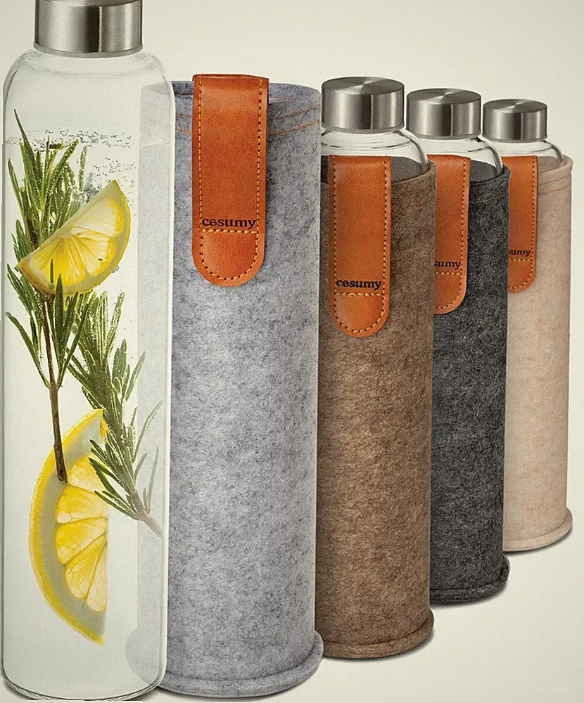 Trinkflasche Glas mit Filzbezug 750ml grau - spülmaschinenfest