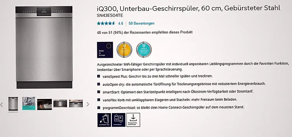 Unterbau-Geschirrspüler, 60 cm, Gebürsteter Stahl SN43ES04TE